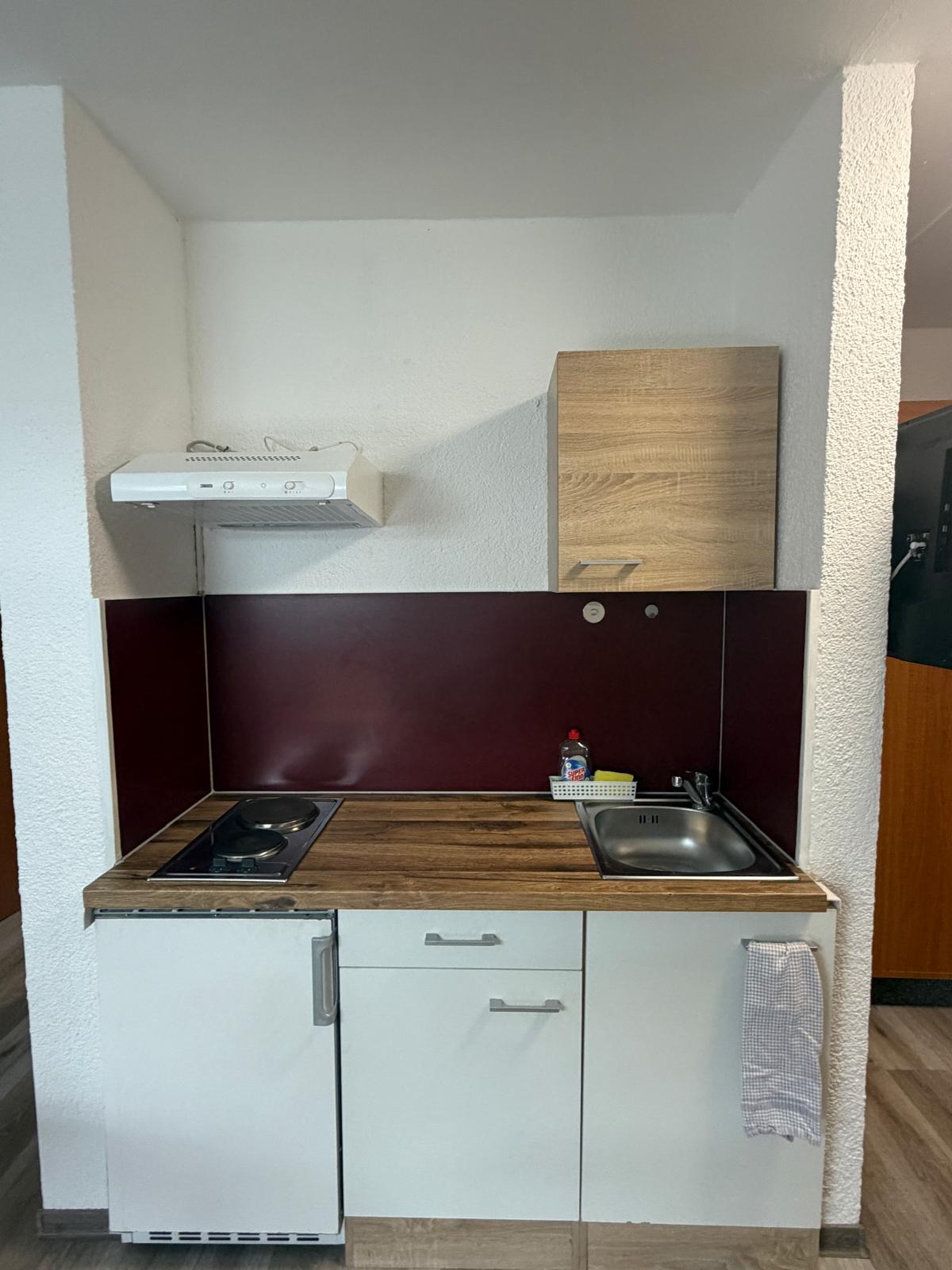 Kitchenette with wooden worktop, hob and sink at Hotel Weller Riedstadt