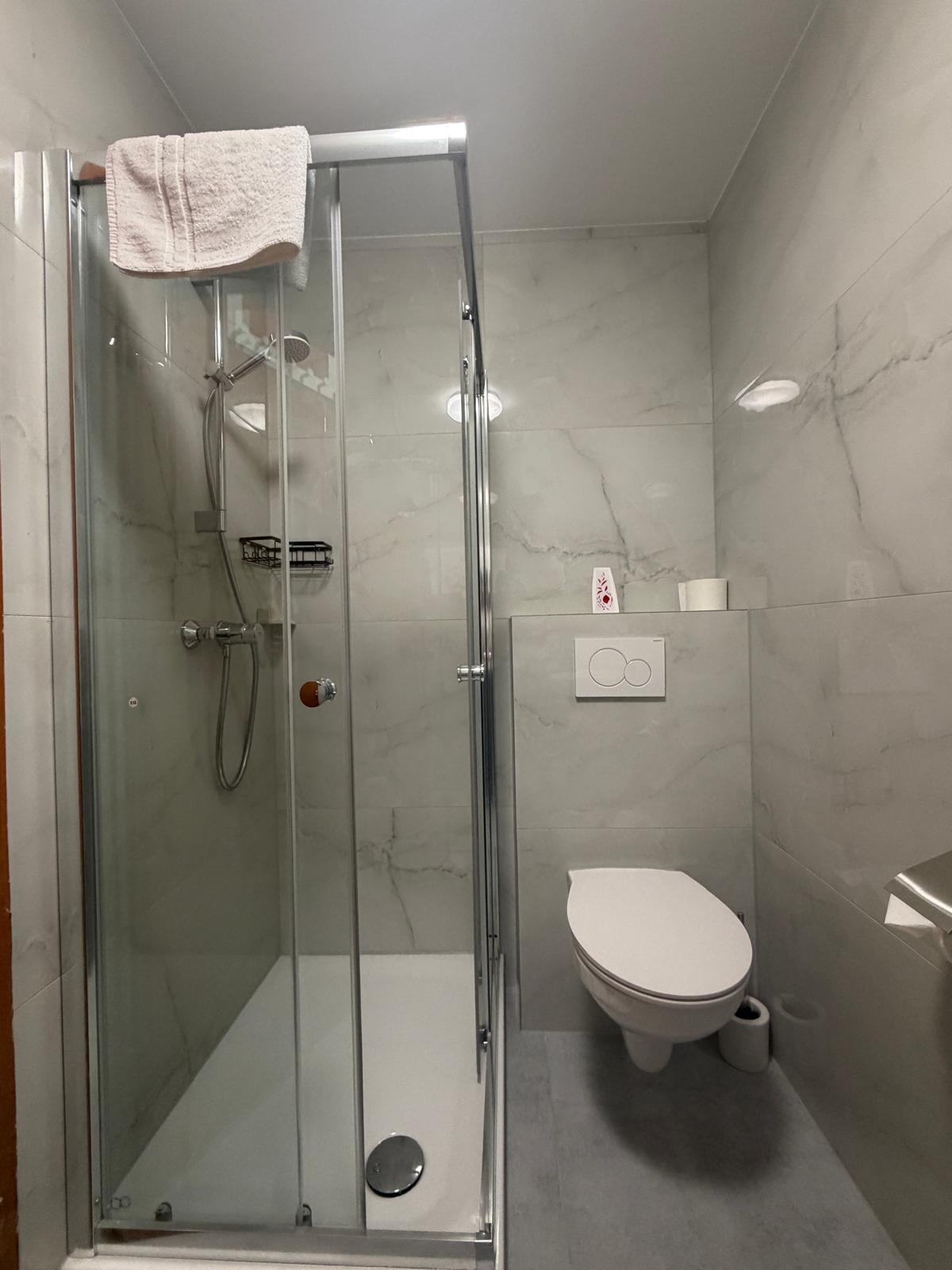 Modern bathroom with glass shower and wall-mounted WC at Hotel Weller Riedstadt